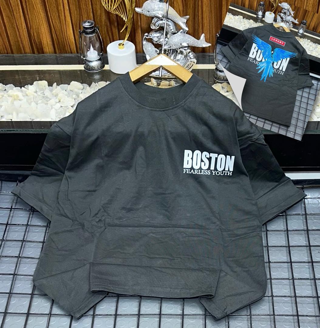 Gray Boston Fearless Youth t-shirt with white text and back graphic.