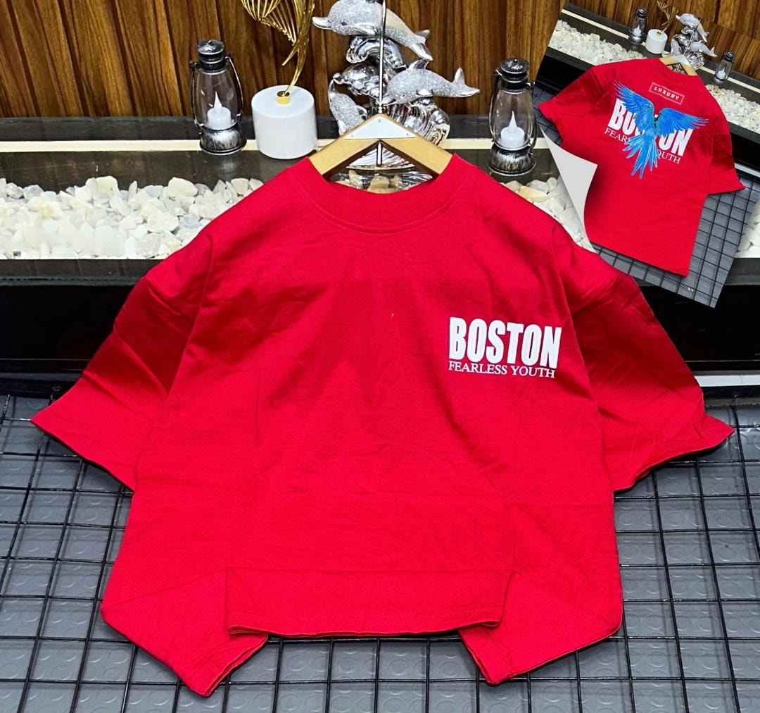 Red Boston Fearless Youth oversized t-shirt featuring front and back designs.