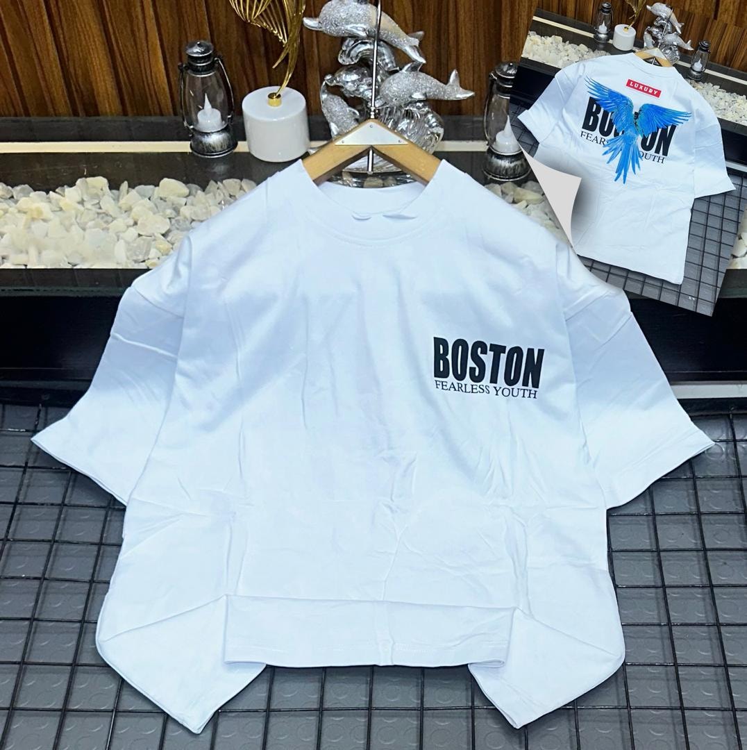 White Boston Fearless Youth t-shirt with prominent chest branding.