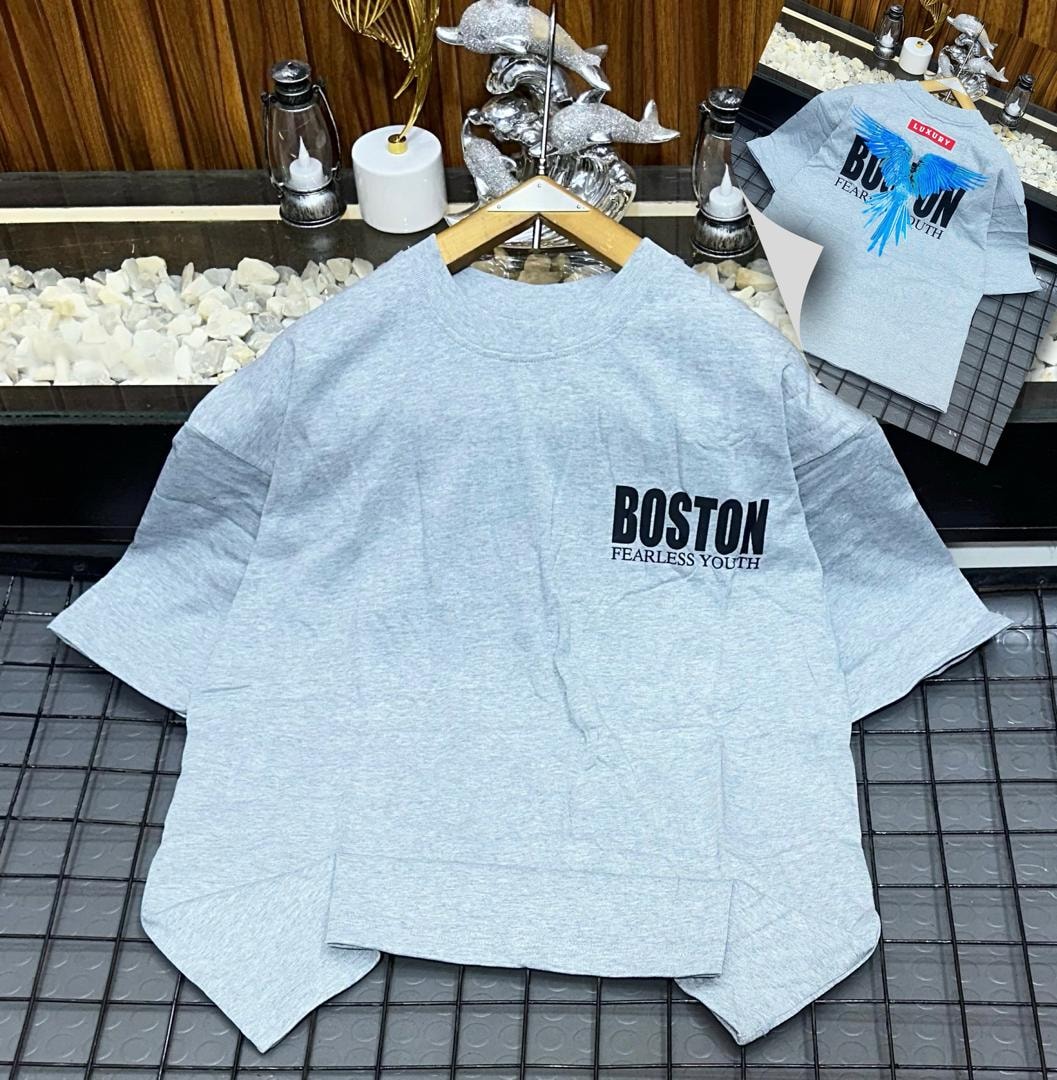 Light gray Boston Fearless Youth t-shirt displaying front print and back view.