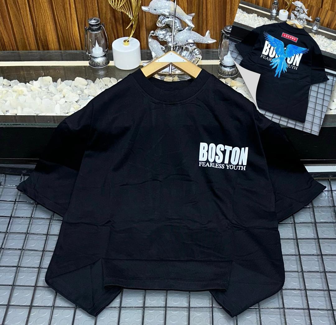 Black Boston Fearless Youth oversized t-shirt with chest text and back bird graphic.
