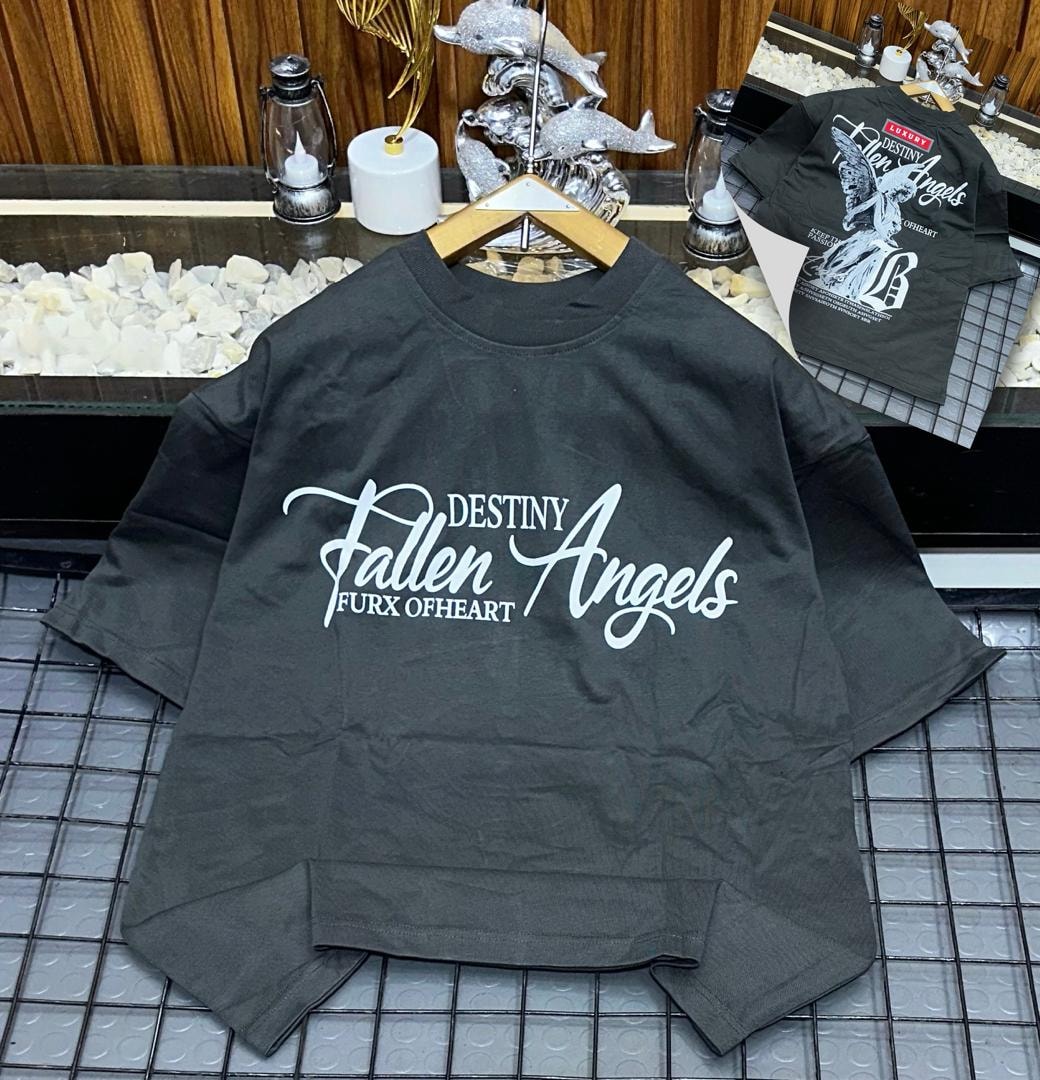Gray oversized t-shirt with white Fallen Angels cursive text.