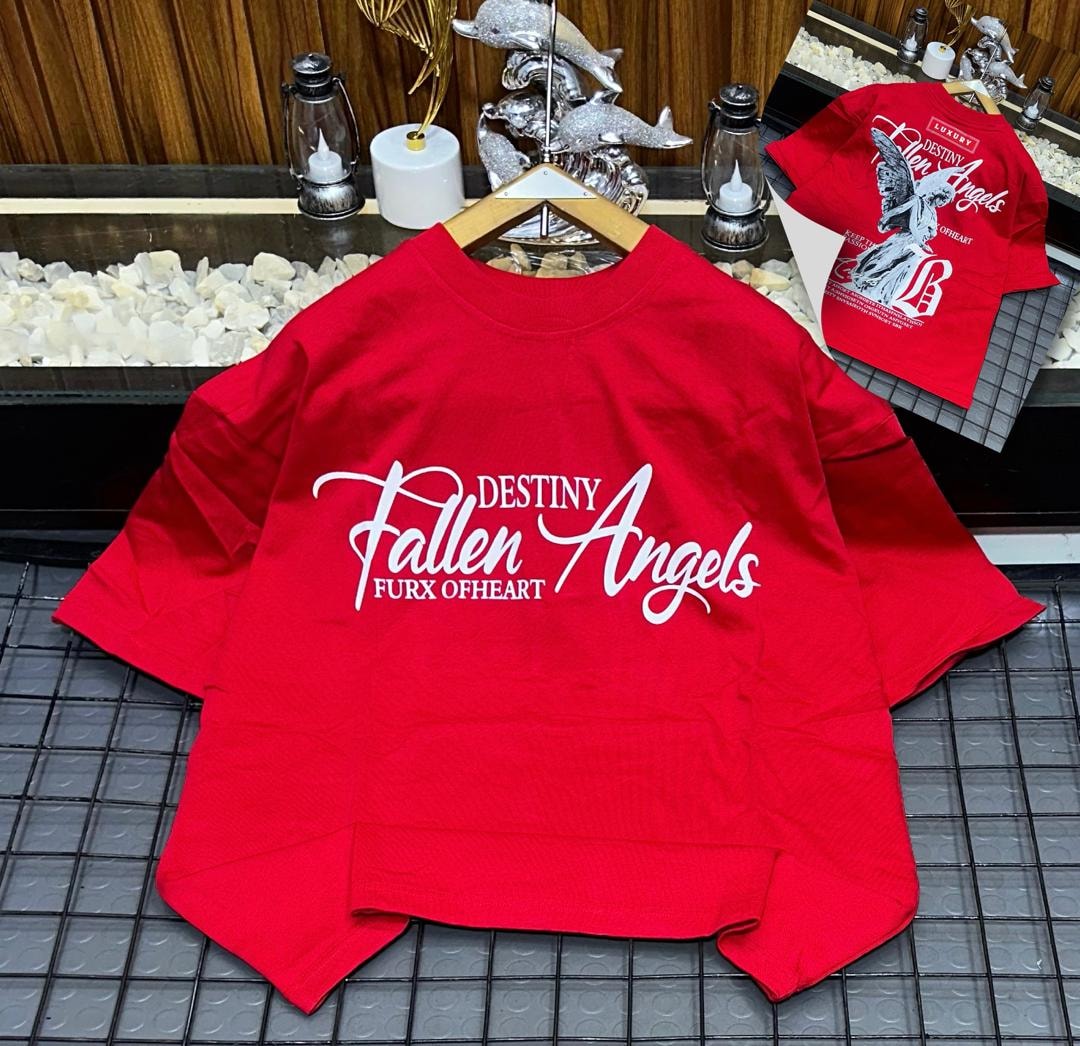 Red oversized t-shirt with white Fallen Angels cursive text.