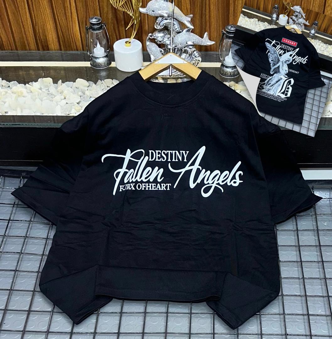 Black oversized t-shirt with white Fallen Angels cursive text.