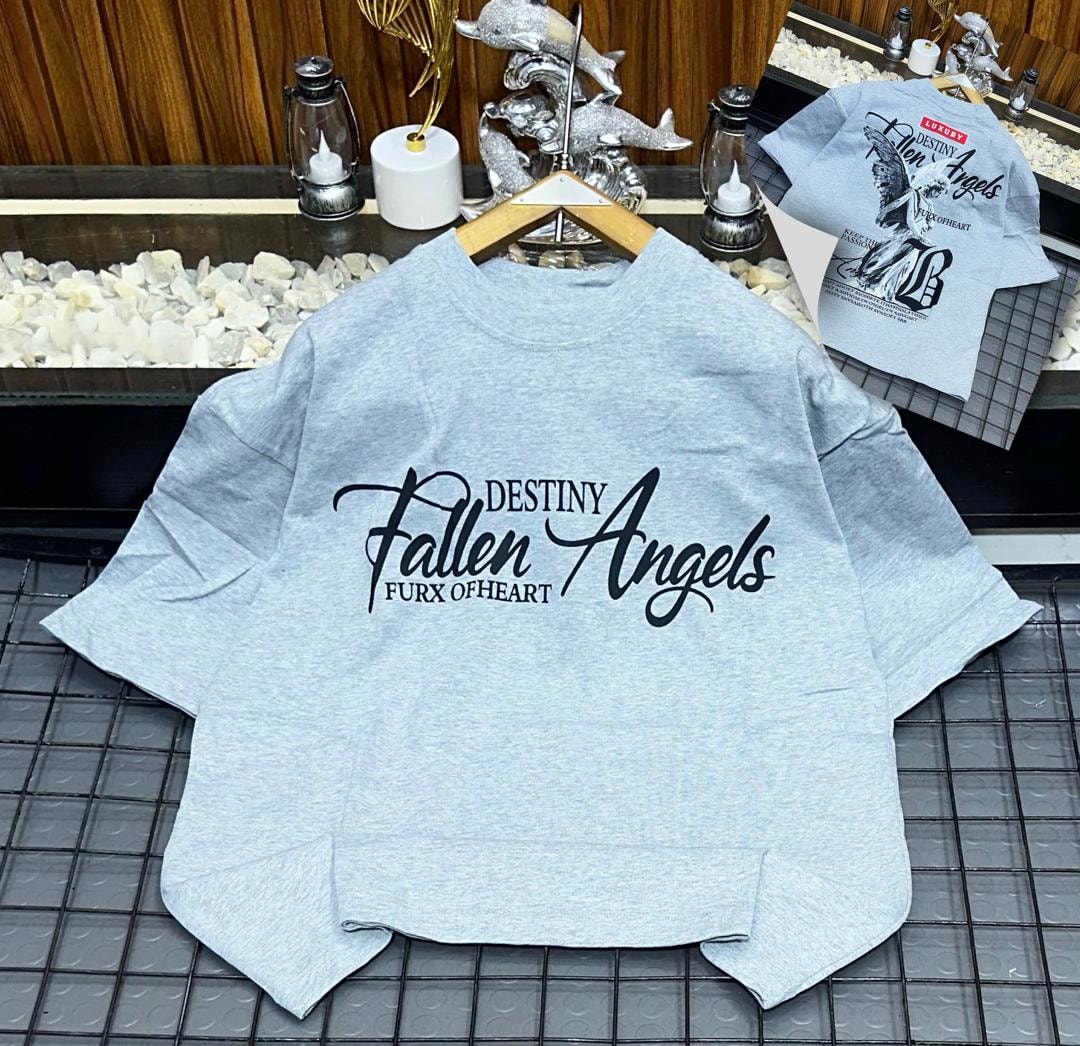 Light gray oversized t-shirt with black Fallen Angels cursive text.