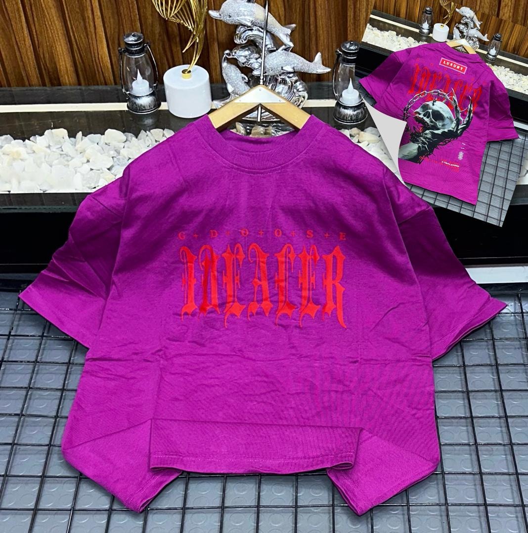 Purple oversized t-shirt with red IDEALER gothic text on front.