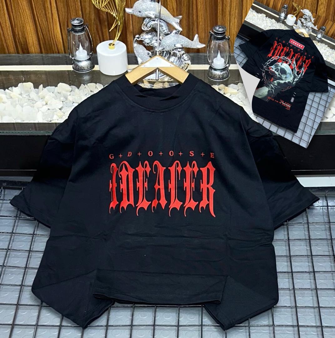 Black oversized t-shirt with red IDEALER gothic text on front.