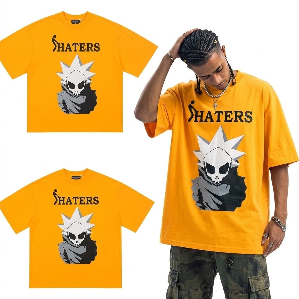 Oversized yellow t-shirt with SHATERS skull graphic, shown on model and flat lays.