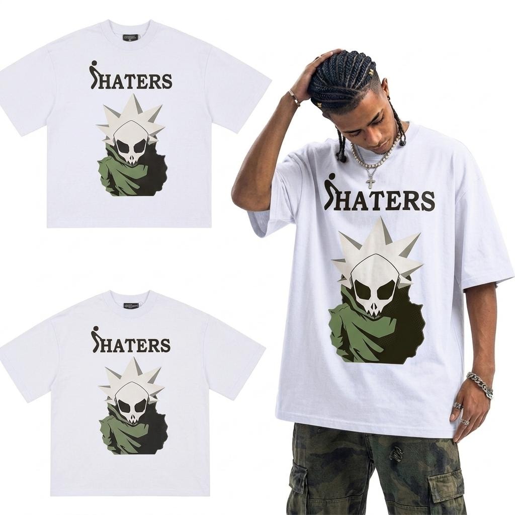 Oversized white t-shirt with SHATERS skull graphic, shown on model and flat lays.