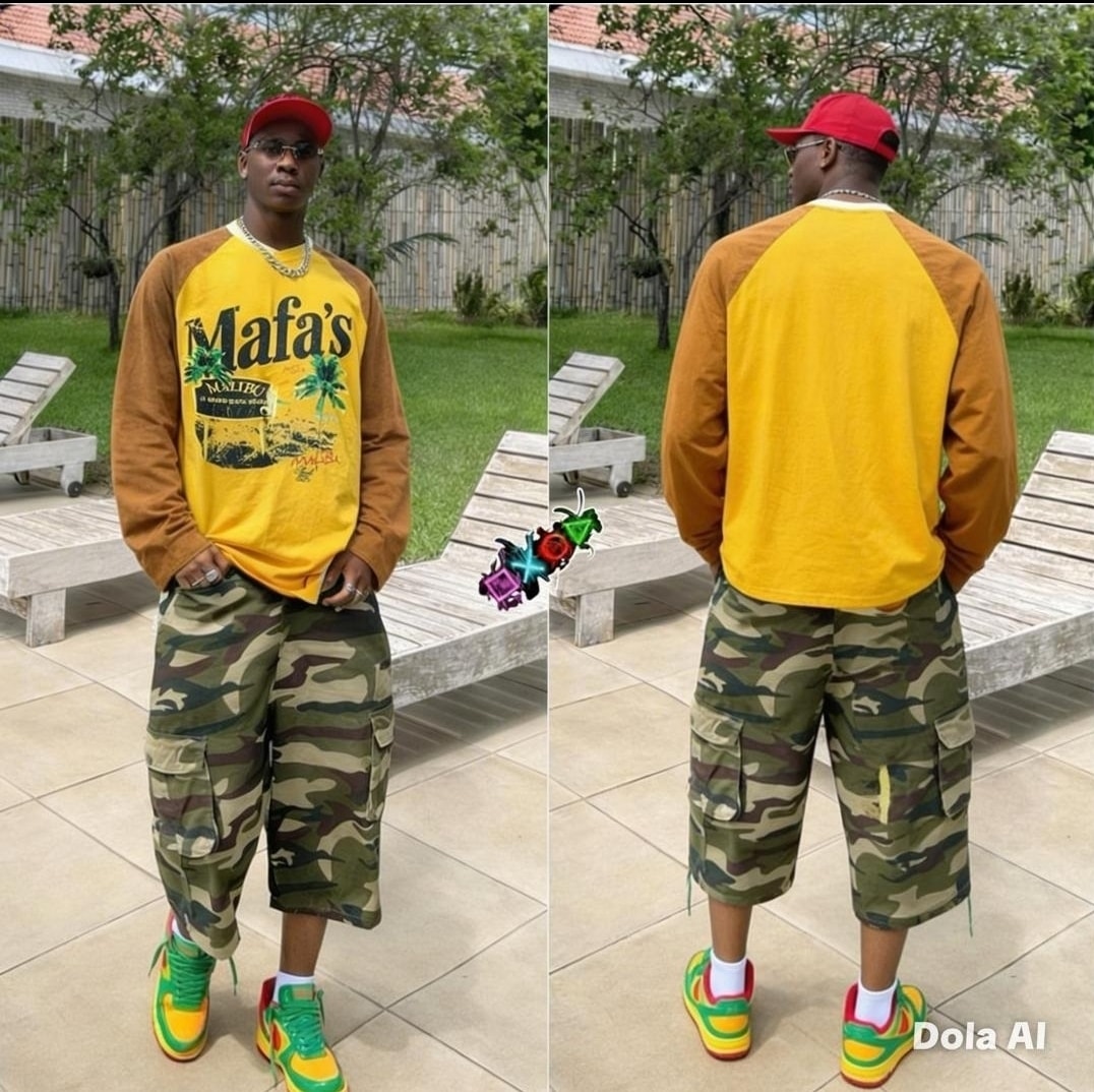 Model wearing yellow and brown Mafa's graphic long sleeve raglan tee in front and back views.