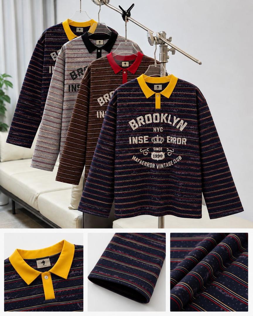 Long sleeve striped polos in multiple colors with detail closeups of yellow collar, striped fabric texture and cuff.
