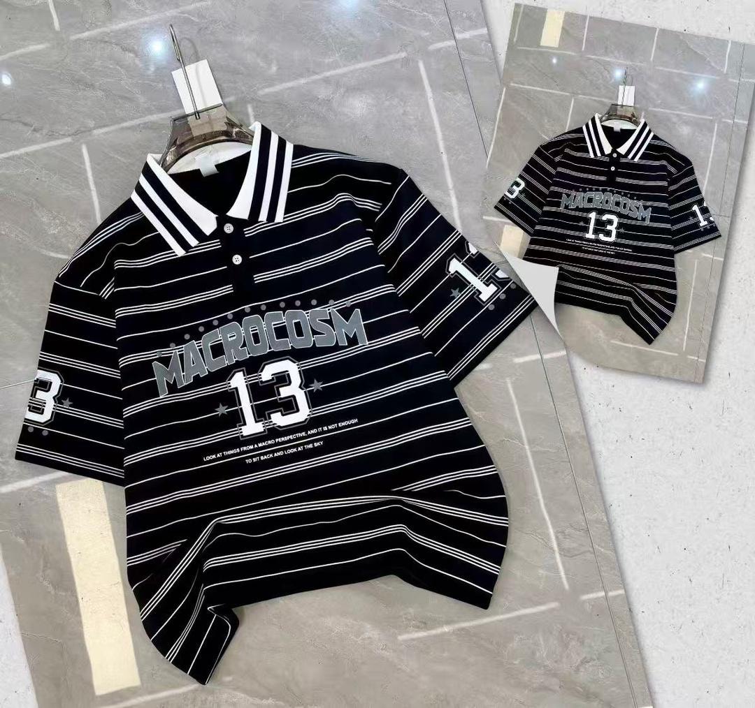 Black striped polo shirt with number graphics on chest and sleeves.