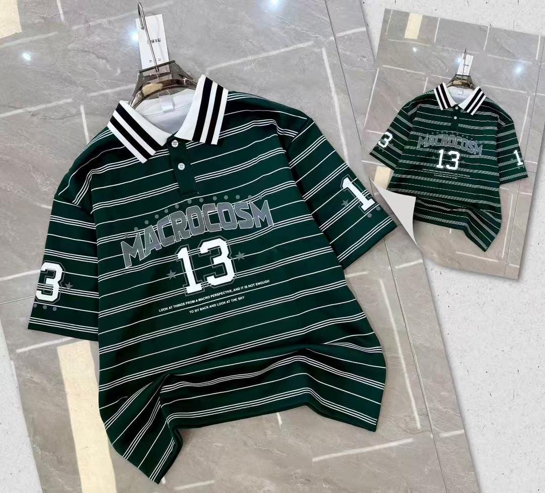 Green striped polo shirt with number graphics on chest and sleeves.