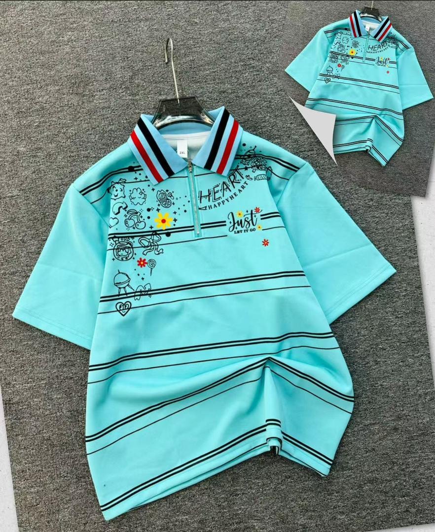 Light blue printed quarter-zip polo shirt with doodle graphics and striped collar.