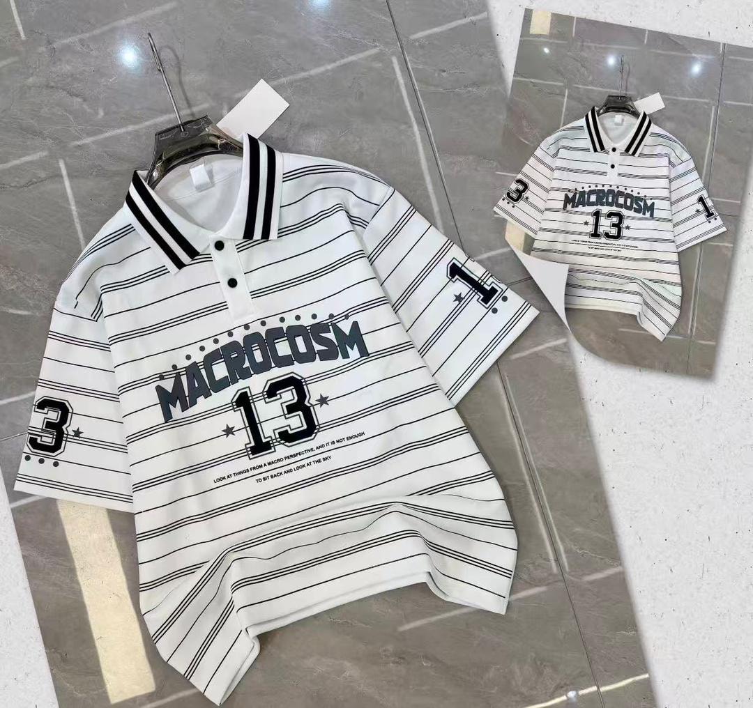White striped polo shirt with number graphics on chest and sleeves.