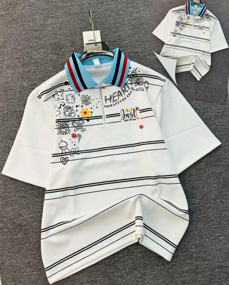 White printed quarter-zip polo shirt with doodle graphics and striped collar.