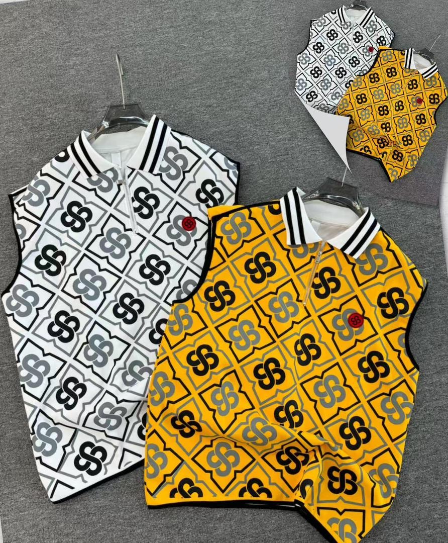 White and yellow monogram patterned armless polos with striped collars.