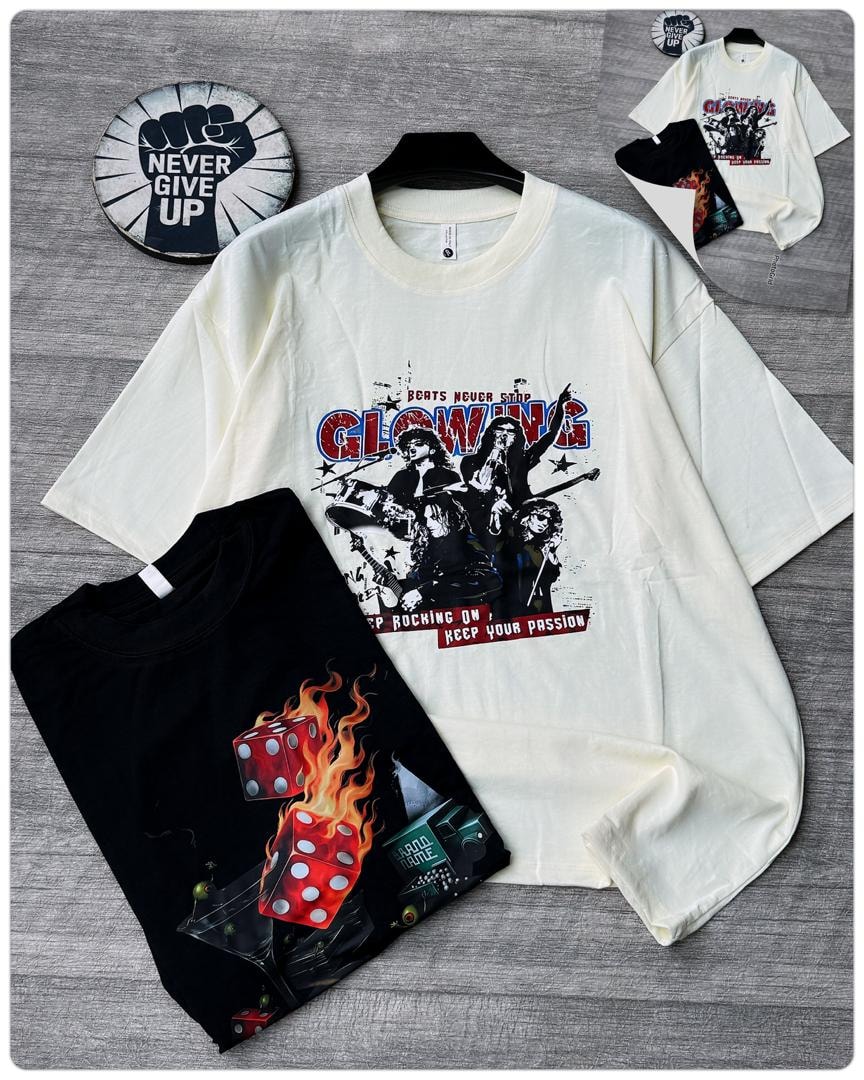 Off-white oversized t-shirt with Glowing rock band illustration next to folded black dice graphic tee.