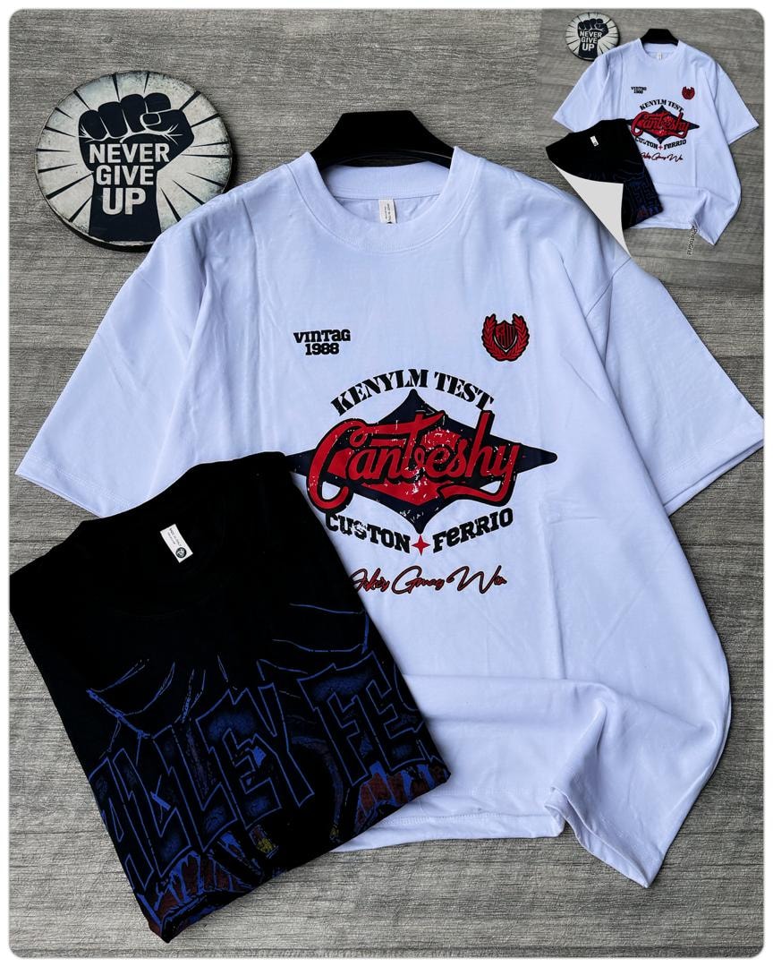 White oversized t-shirt with Cantbeshy vintage star graphic on hanger with folded black tee and inset showing variants.