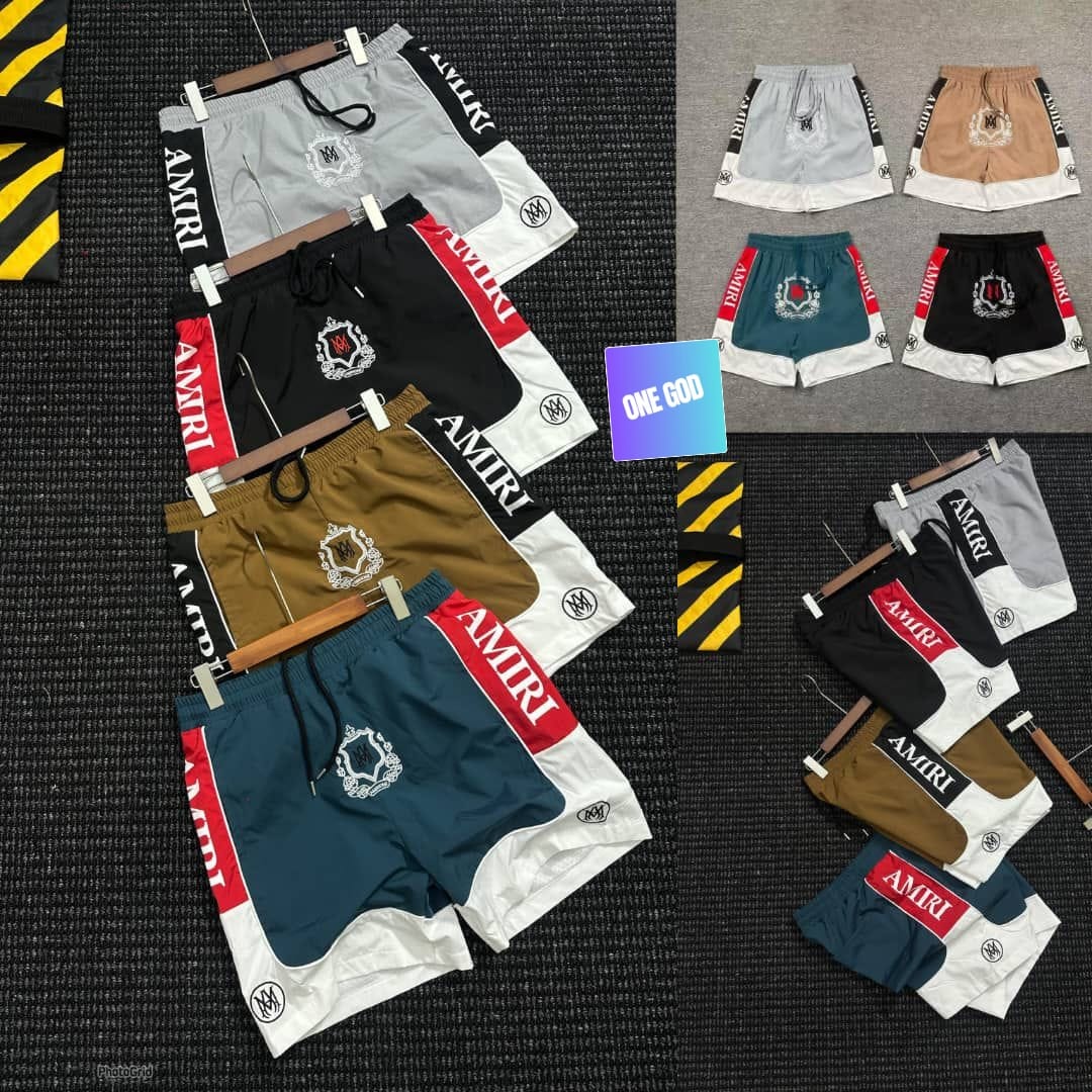 Collection of Amiri logo colorblock shorts in various colors and angles.