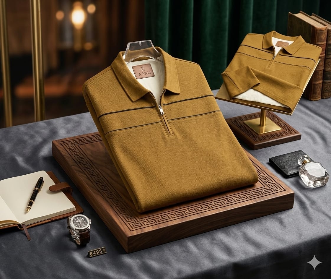 Mustard tan long sleeve quarter-zip polo with black stripes on chest and sleeves, styled on display.