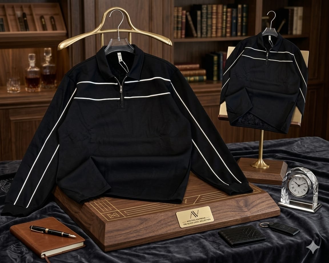 Black long sleeve quarter-zip polo with white stripes on chest and sleeves, displayed on wooden platform.