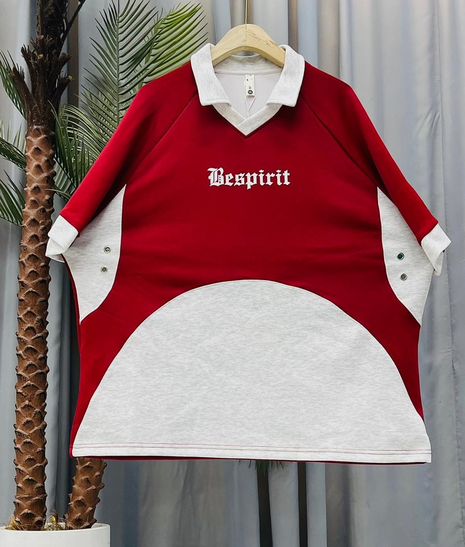 Red unisex colorblock V-neck tee with white panels and Vesprit chest print.