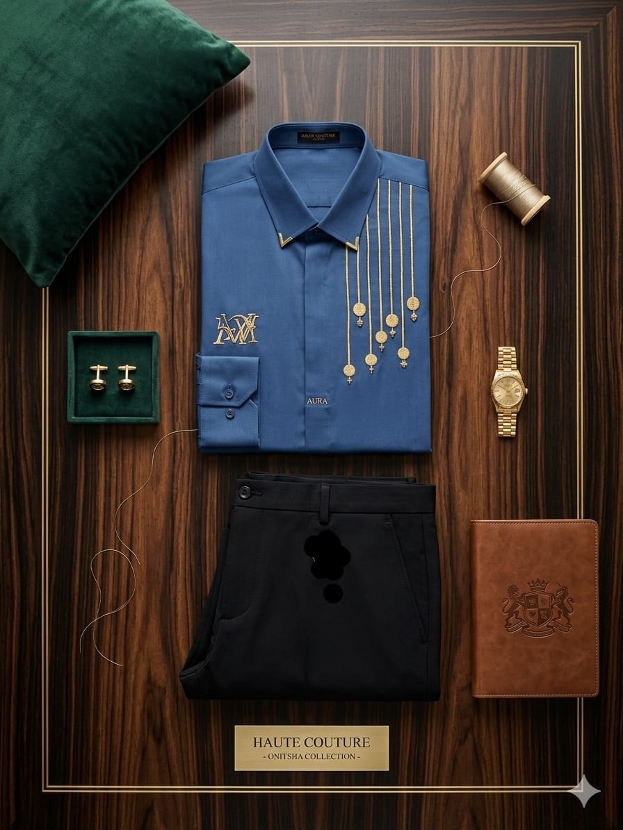 Blue shirt with gold embroidery and black trousers on wood panel with cufflinks, watch and green velvet.