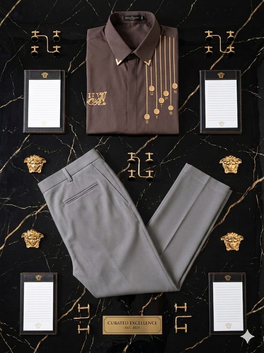 Brown embroidered shirt and gray trousers on black marble with gold accessories and signage.