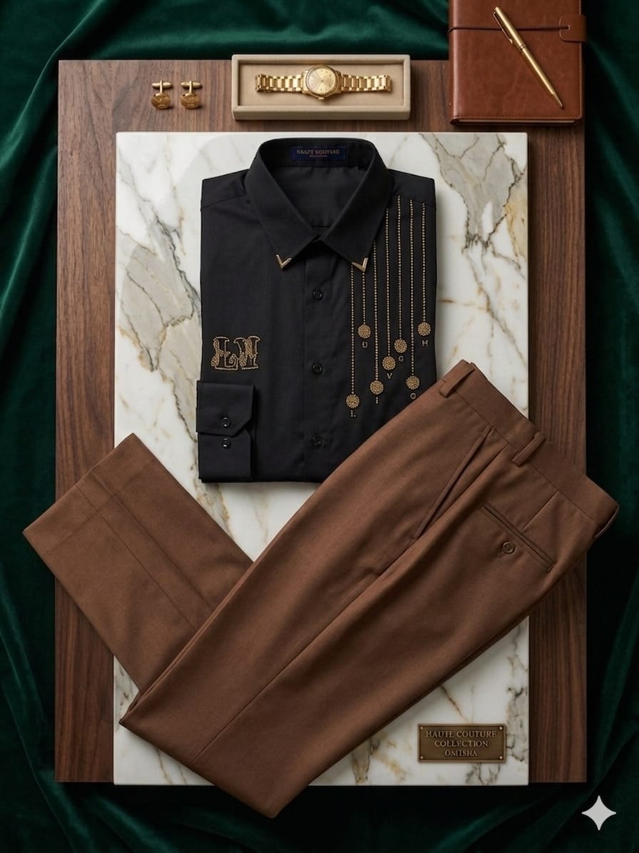 Black embroidered shirt and brown trousers on marble and wood with gold watch and cufflinks.
