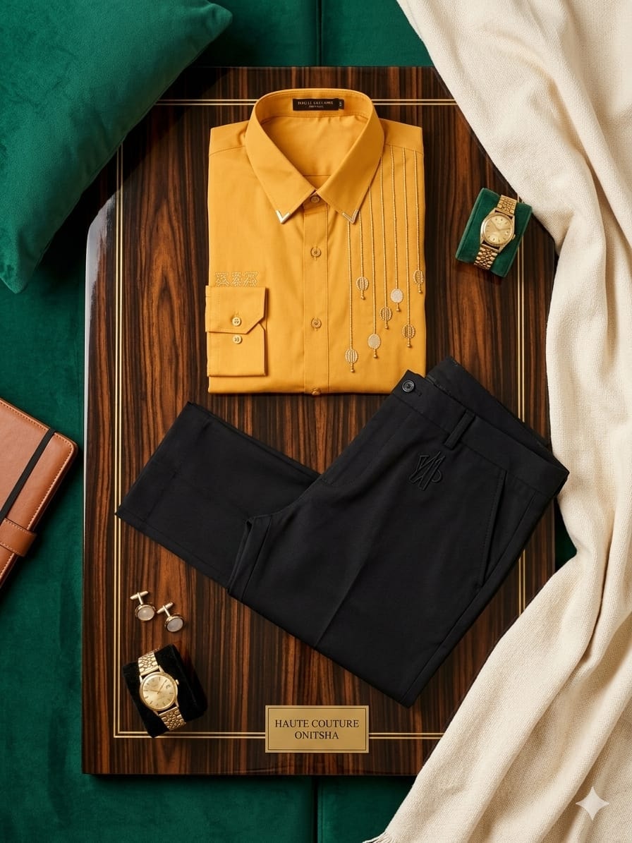 Yellow embroidered shirt and black trousers on wooden board with watch, cufflinks and green pillows.