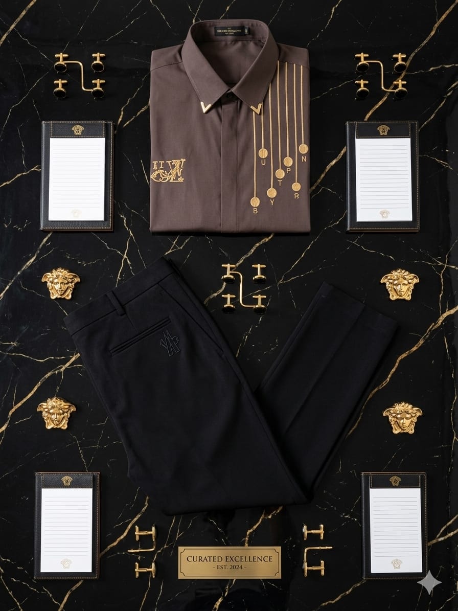 Brown shirt with gold embroidery and black trousers on black marble with gold accessories and notepads.