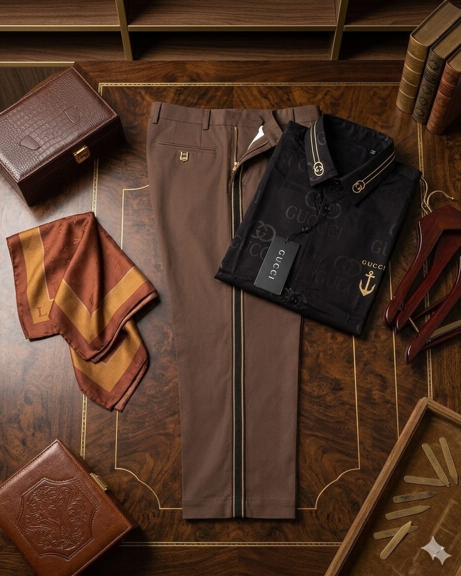 Black Gucci monogram shirt and brown trousers on wooden surface with scarf, boxes and books.