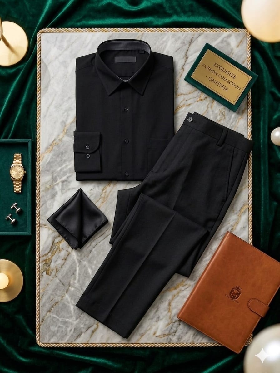 All-black formal shirt and trousers flat lay on marble with green velvet, watch and cufflinks.