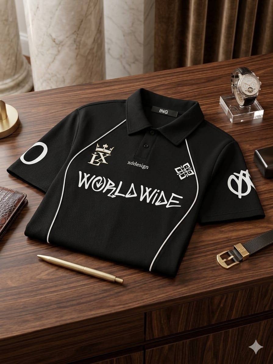Black polo shirt with white Worldwide text and crown logos on wooden table.