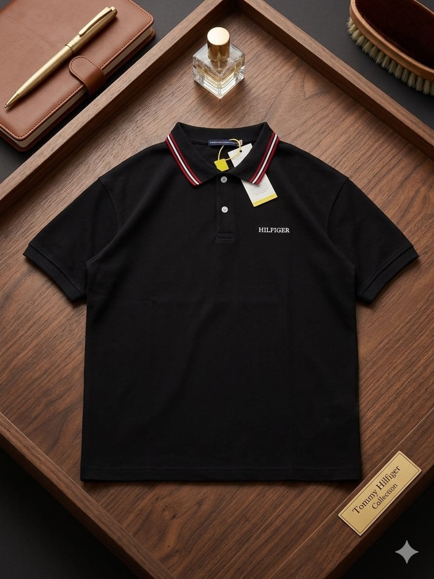 Black polo shirt with striped collar and Hilfiger logo displayed on wooden tray.