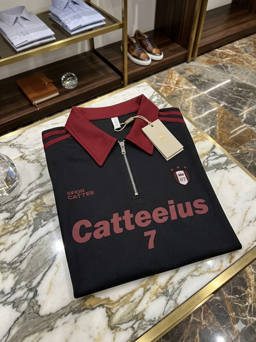 Black quarter-zip polo shirt with red Catteeius 7 text and shield logo on marble table.