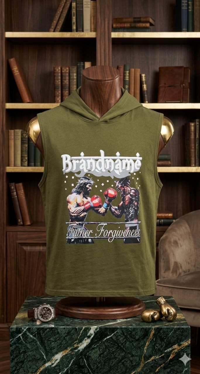 Olive green sleeveless hoodie with fighter boxing graphic and slogan, on wooden mannequin.
