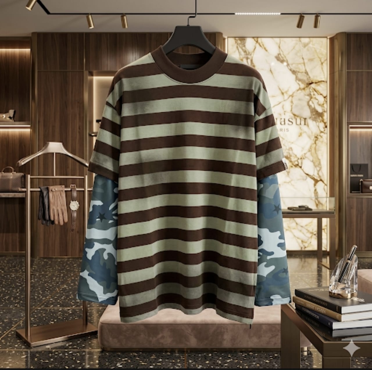 Heritage Apparel brown and green striped tee with camouflage sleeves in modern showroom.
