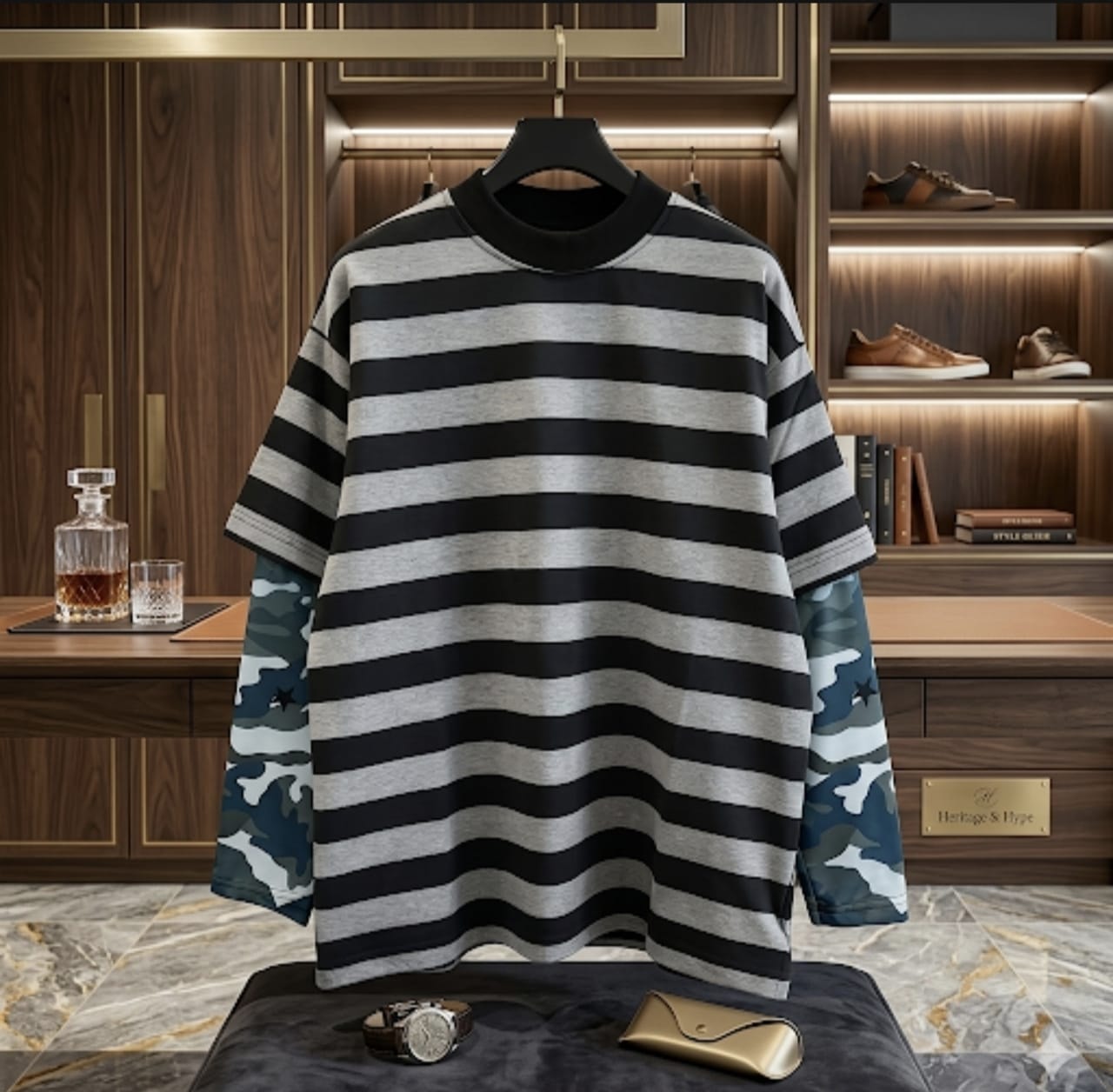 Heritage Apparel striped tee with camouflage sleeves in gray colorway in luxury interior setting.