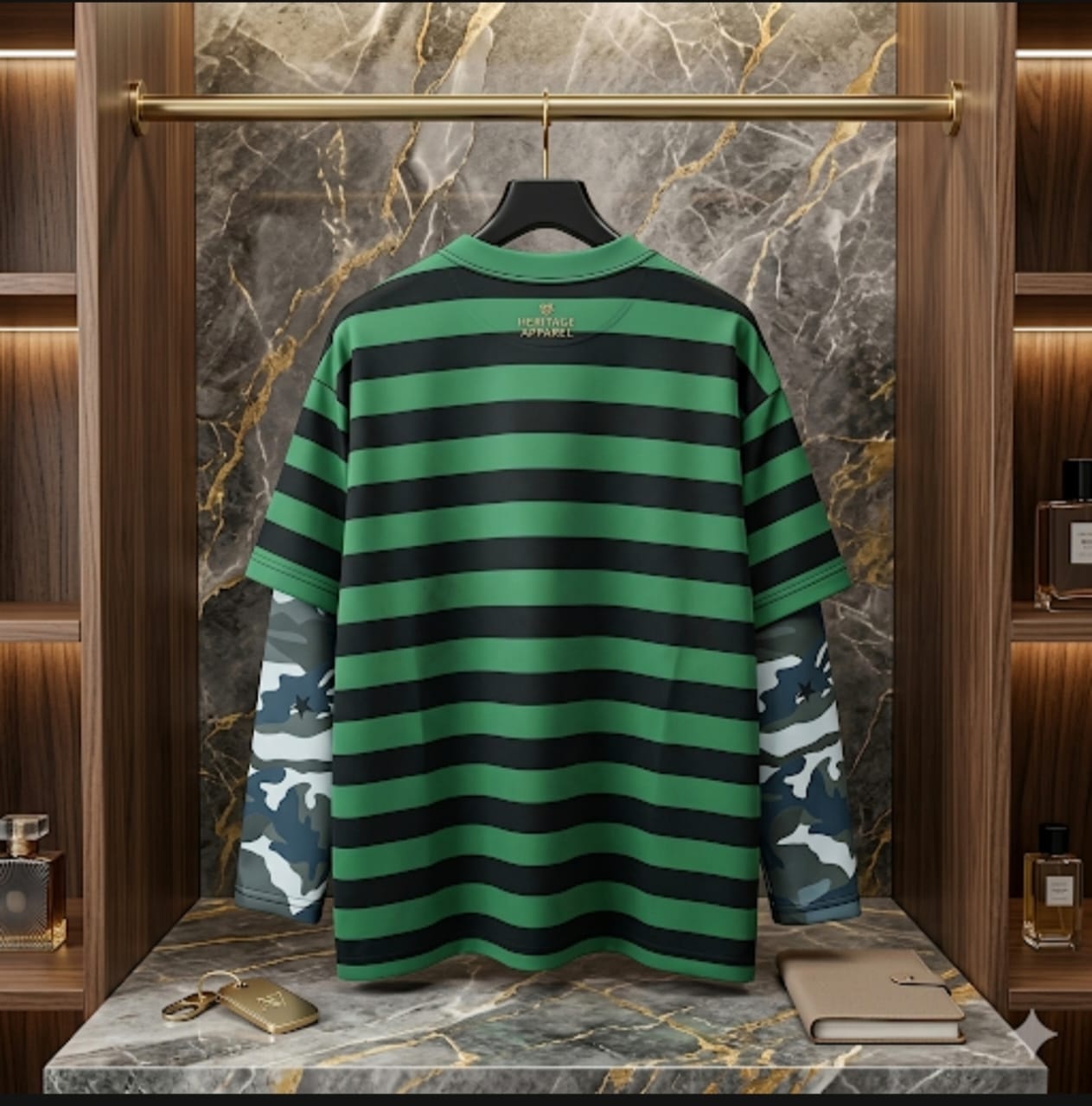 Back view of Heritage Apparel green and black striped tee with camo sleeves.