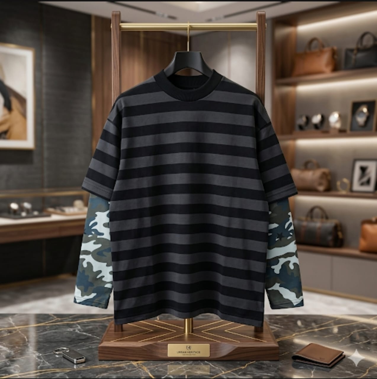 Heritage Apparel striped tee with camouflage sleeves in black colorway on display stand.