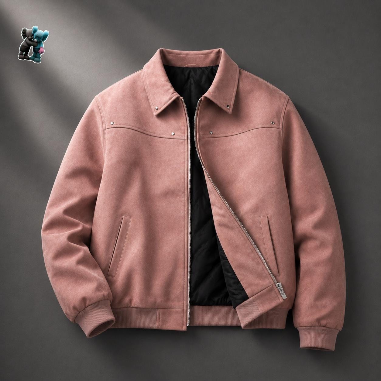 Pink suede bomber jacket with zip closure and black quilted lining.