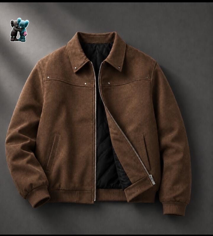 Brown suede bomber jacket with zip closure and black quilted lining.