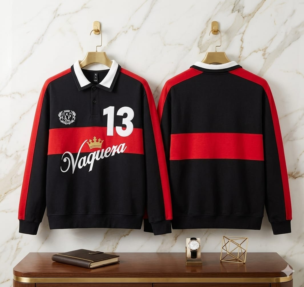 Vaquera long sleeve polo sweatshirt in black with red stripes, front and back views.