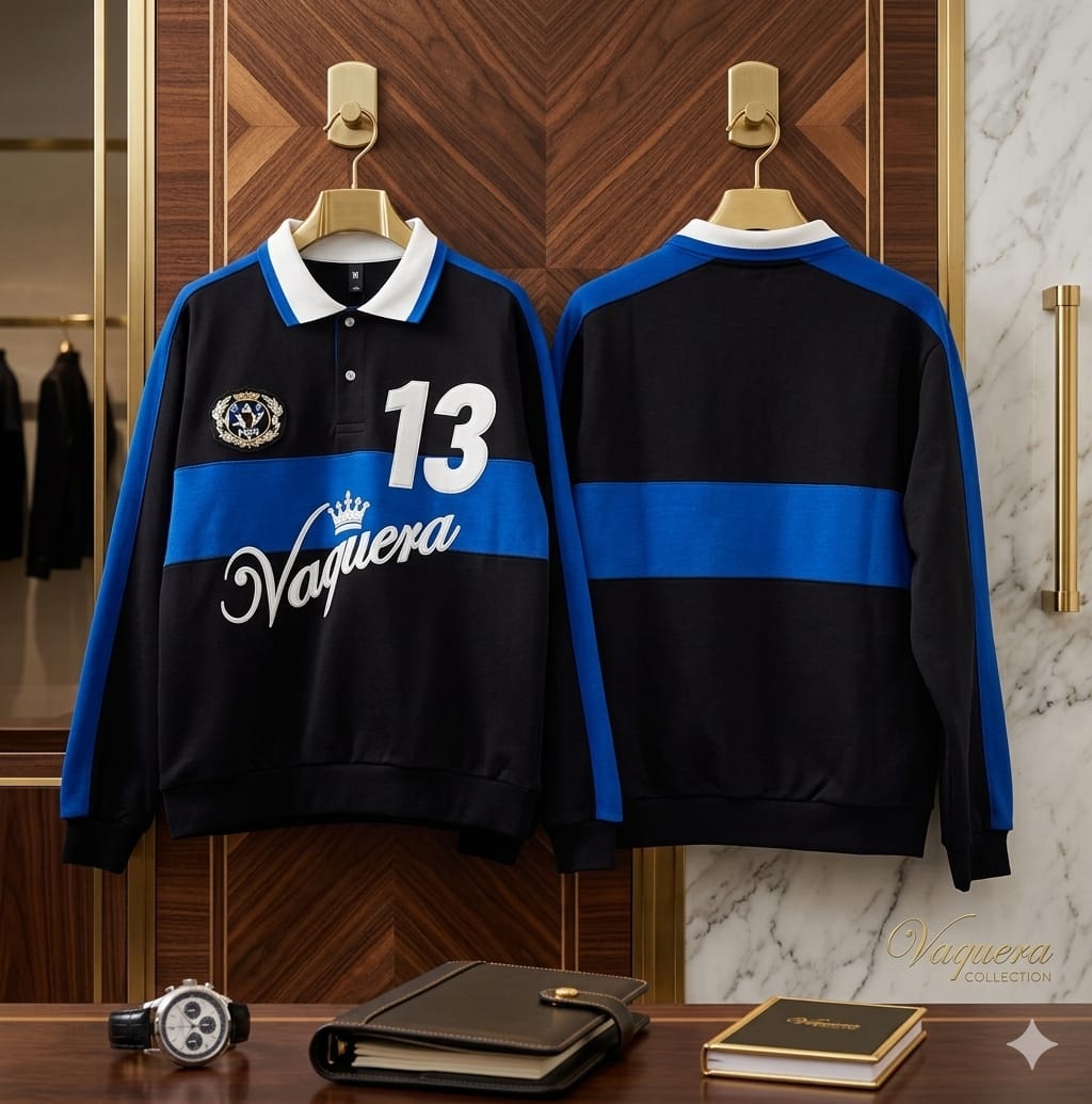 Vaquera long sleeve polo sweatshirt in black with blue stripes, front and back views.