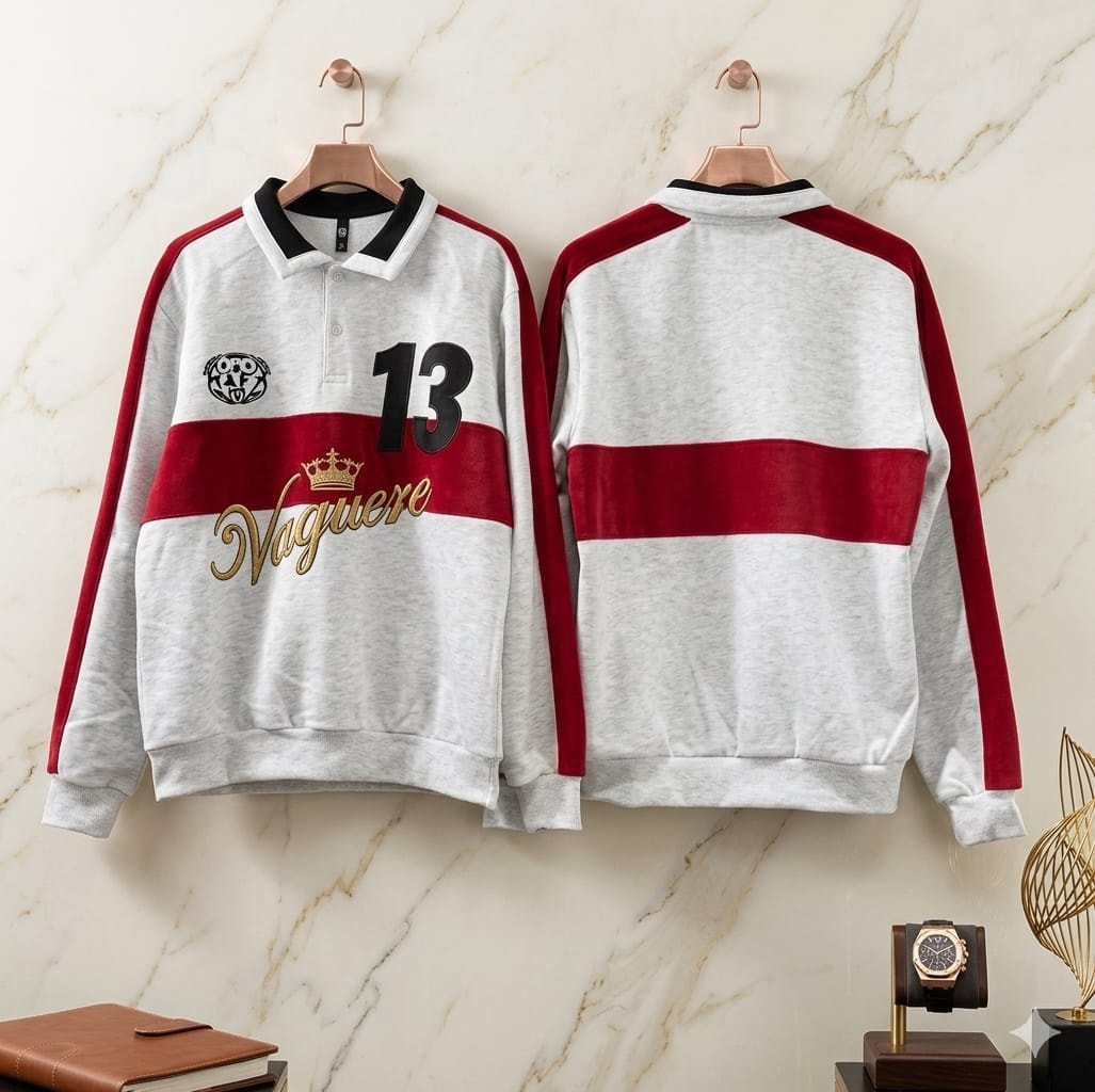 Vaquera long sleeve polo sweatshirt in white with red stripes, front and back views.