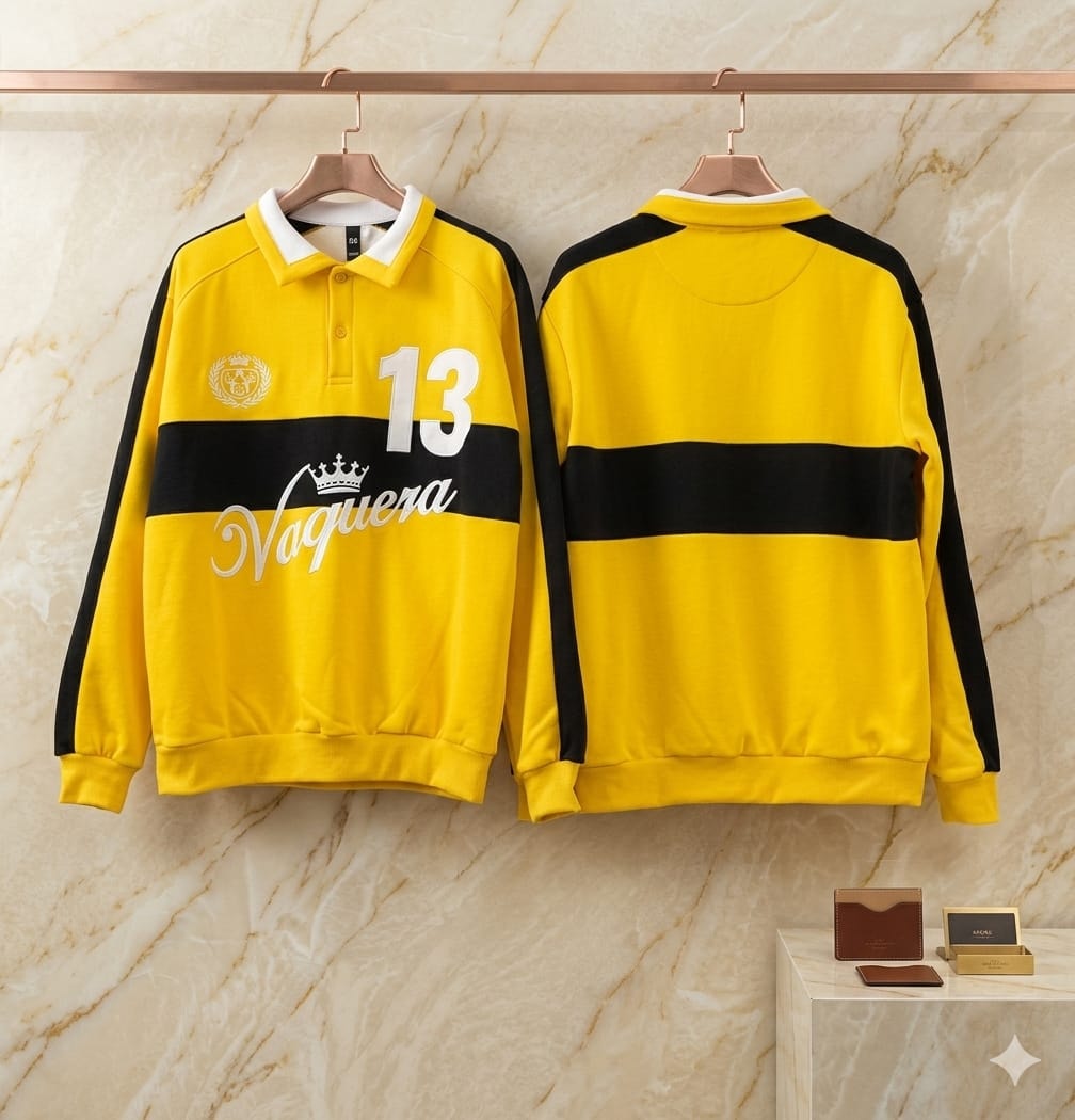 Vaquera long sleeve polo sweatshirt in yellow with black stripes, front and back views.