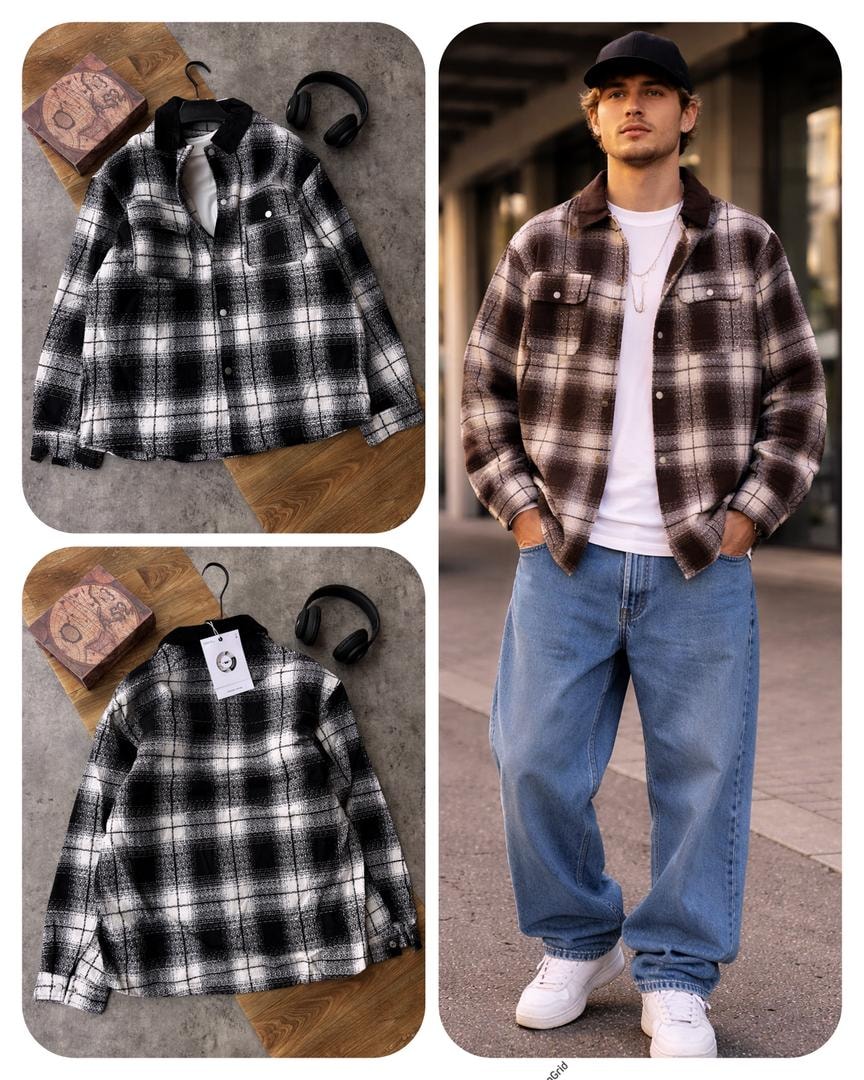 Black and white plaid jacket with visible tag, flat lay and model views.