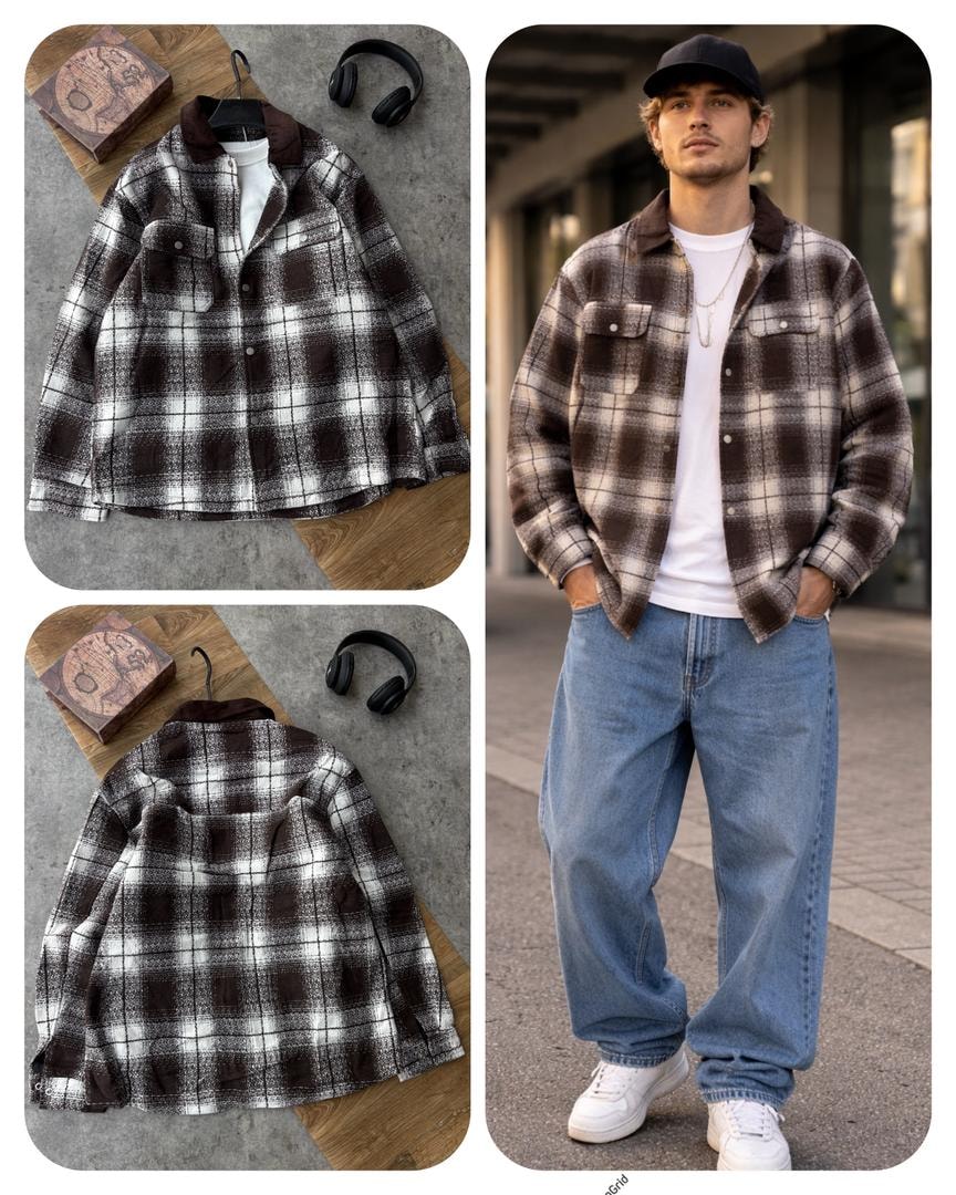 Brown and beige plaid flannel jacket displayed in multiple angles including model wearing it.